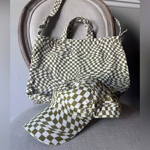 Baggu Canvas Trippy Moss Checker Duck Bag and Matching hat SET